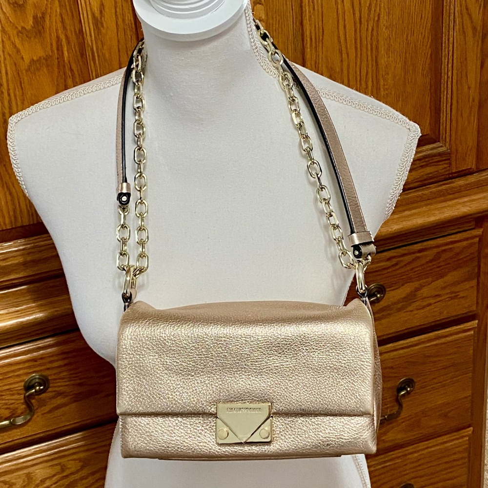 Emporio Armani Metallic Gold Pink Leather Shoulder Bag Flap Chain Crossbody Auth